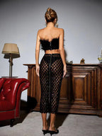 Feather Trim Tube Top and Sequined Sheer Skirt Set Trendsi