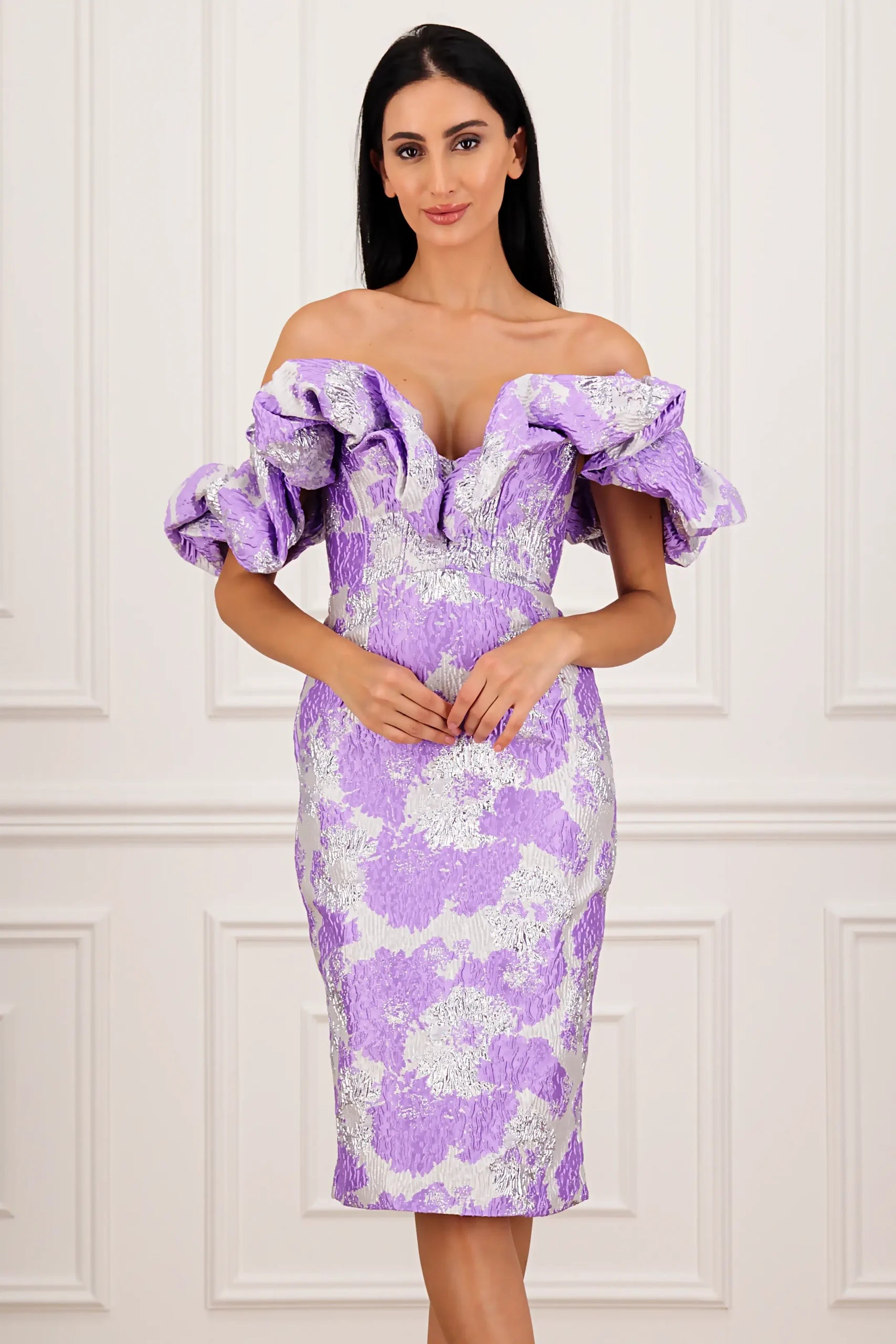 Elegant Jacquard Wrap Midi Celeb Dress aclosy
