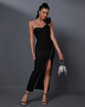 New Women's One-shoulder Three-dimensional Mesh Sleeveless High Slit Long Aclosy
