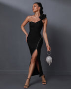 New Women's One-shoulder Three-dimensional Mesh Sleeveless High Slit Long Aclosy