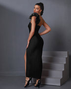 New Women's One-shoulder Three-dimensional Mesh Sleeveless High Slit Long Aclosy