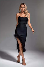 European And American Fashion Tube Top Exposed Leg Feather Stitching Banquet Party Dress Skirt aclosy