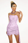 Alyia Lace Ruche Corset Celeb Dress-Purple Aclosy