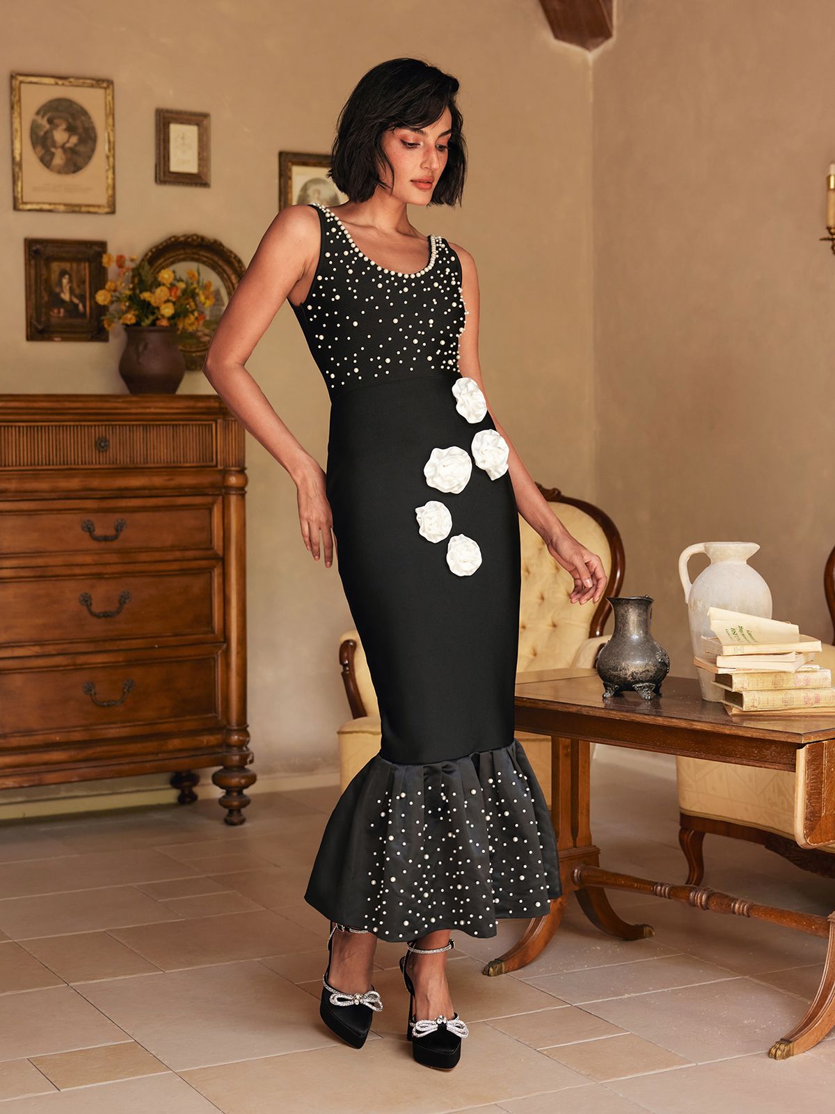 Alyia Beaded Flower Black Dress