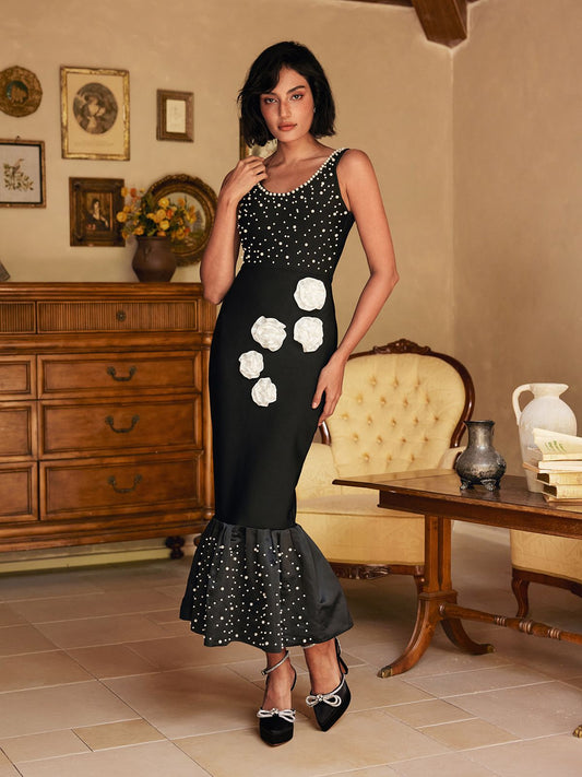 Alyia Beaded Flower Black Dress