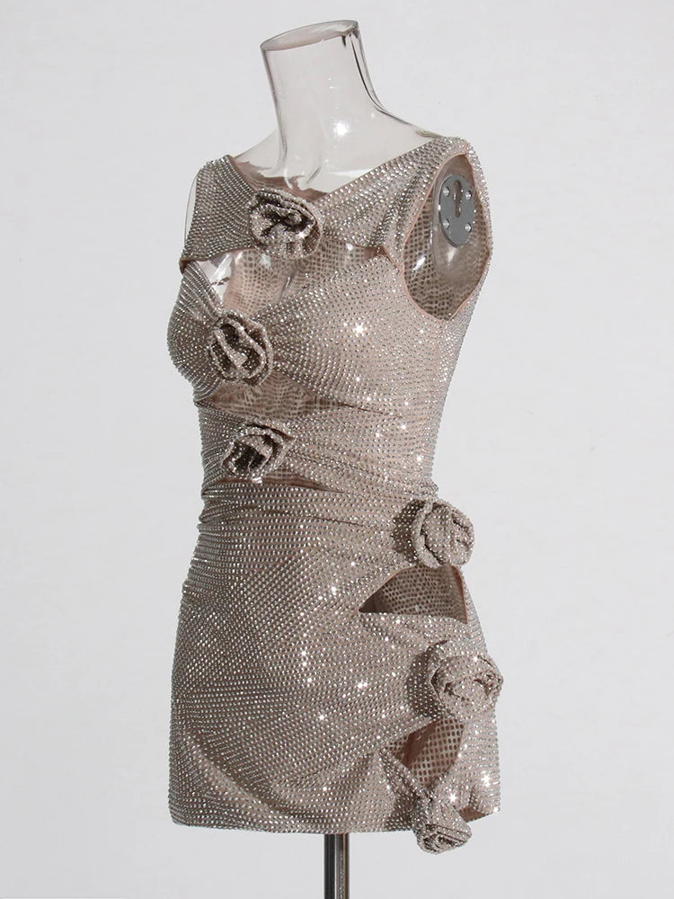 Flower Decoration Elegant Rhinestone Dress Aclosy