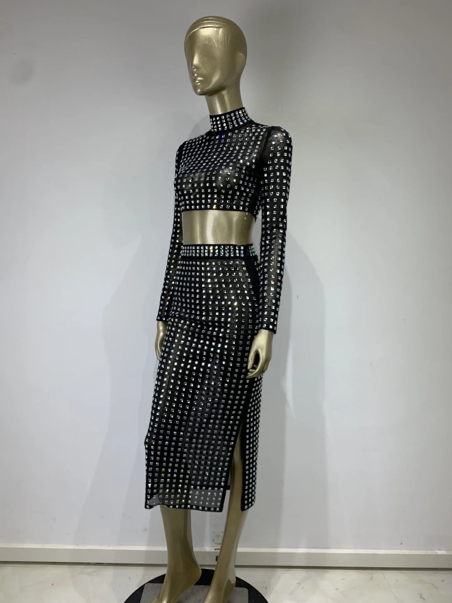 Hot Girl Women's Fashion Rivet Elastic Tight Skirt Suit aclosy