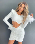 Women's Open-back Feather Long-sleeved Dress Aclosy