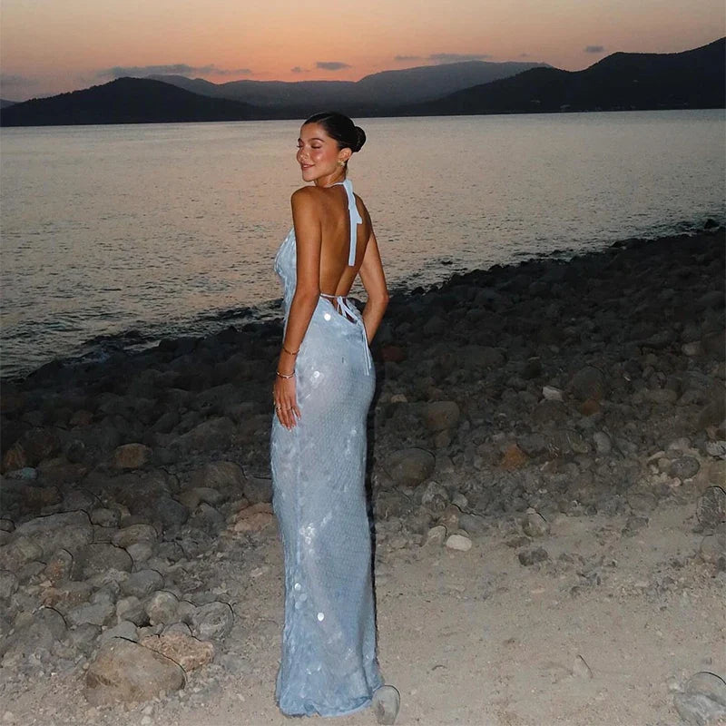 RENA BACKLESS FISH SKIN MAXI DRESS
