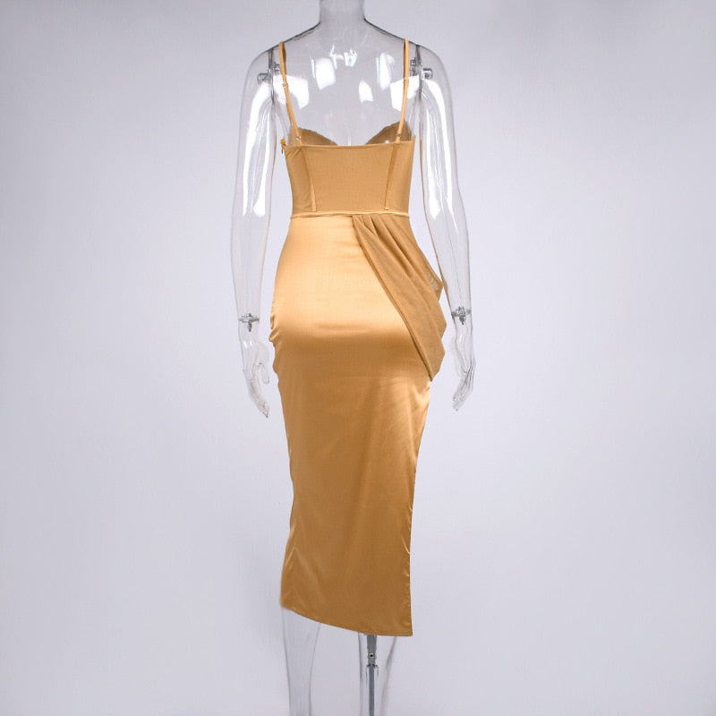 Ladies Fashion Mesh Fishbone Pleated Midi Dress Aclosy