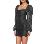 Bubble Sleeve Square Collar French Style Long Sleeve Sheath Dress aclosy