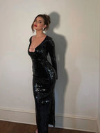 Sequined V-neck Backless Dress Slim Fit Aclosy