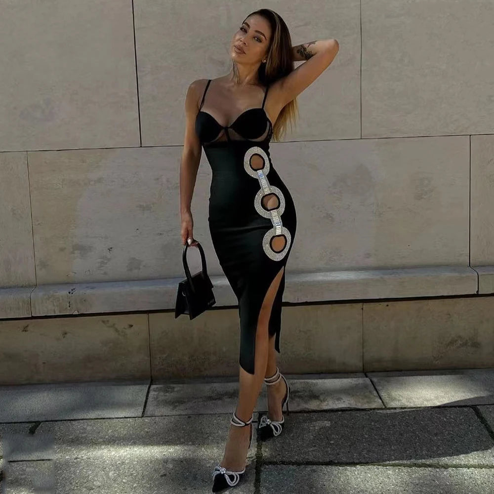 Hollow Jeweled Side Slit Sling Bandage Knitted Dress aclosy