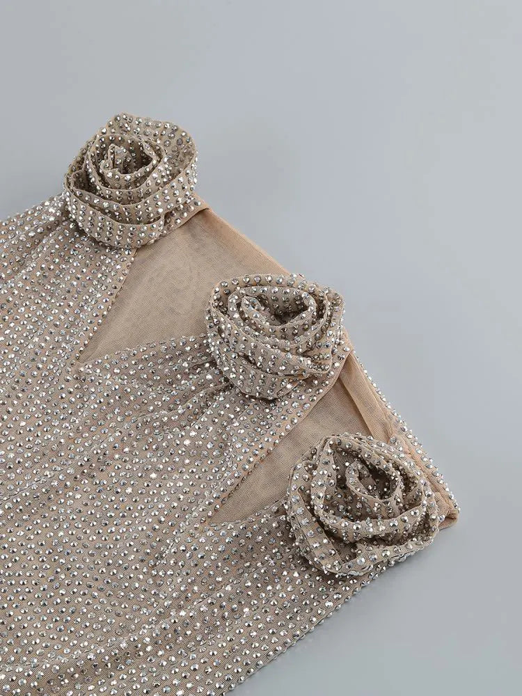 Flower Decoration Elegant Rhinestone Dress Aclosy