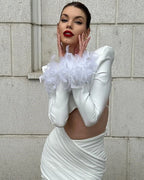 Women's Open-back Feather Long-sleeved Dress Aclosy