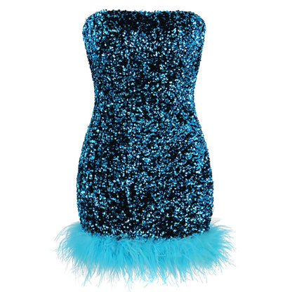 Women's Strapless Sequin Feather Buttocks Dress Aclosy