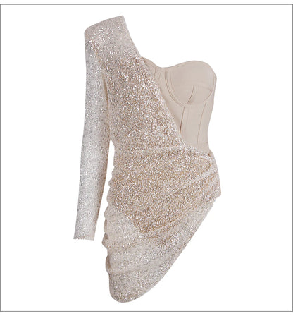 Fake Two-piece Design Sequin Mini Dress Nightclub Singer Performance Dress Aclosy