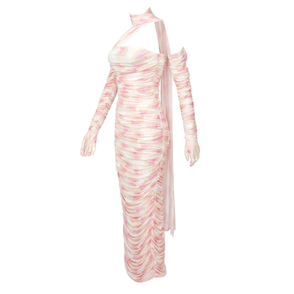 Stylish Gauze Streamer Print Dress Aclosy