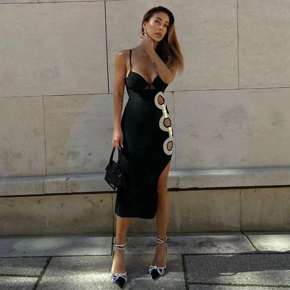 Hollow Jeweled Side Slit Sling Bandage Knitted Dress aclosy