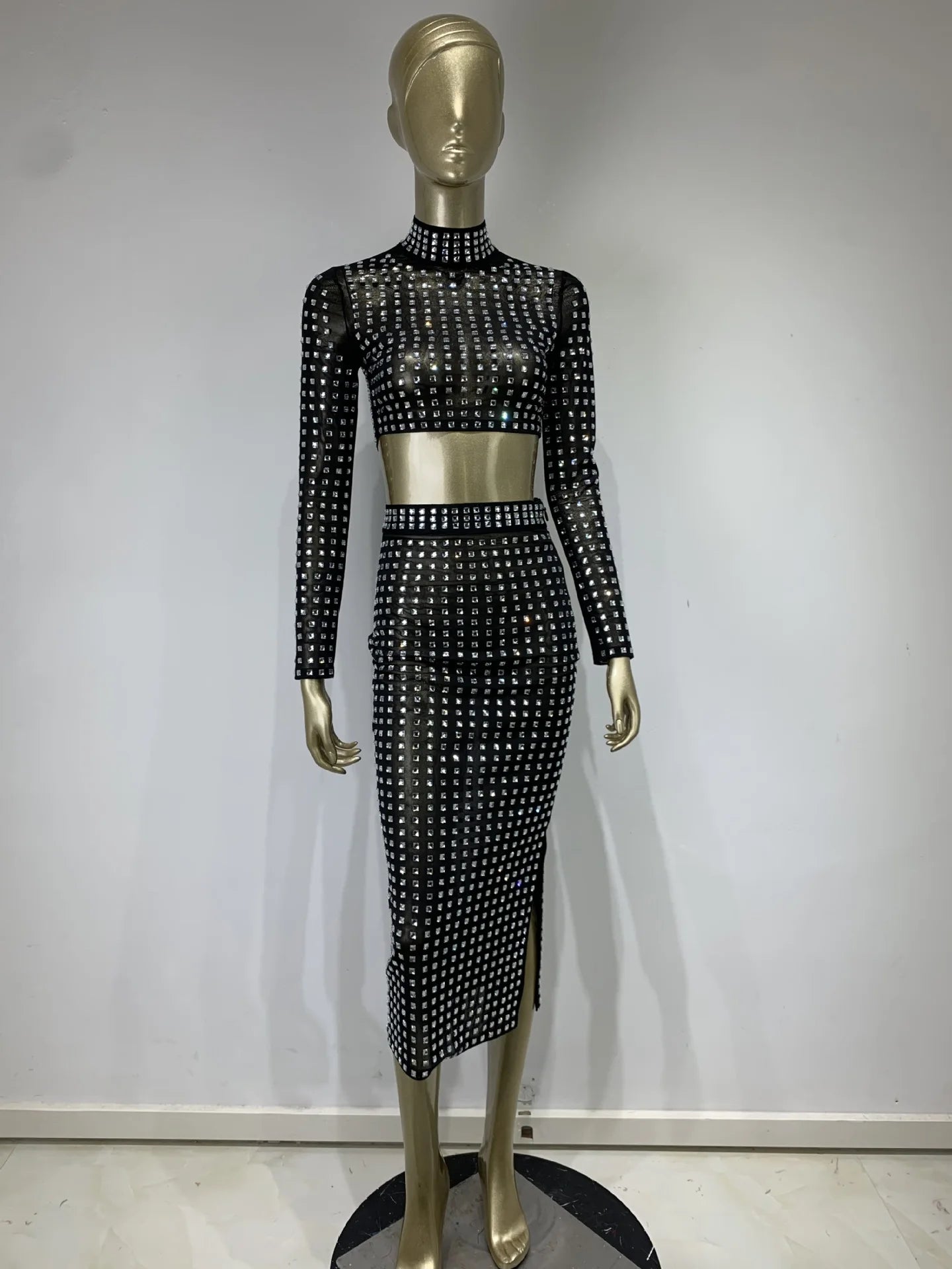 Hot Girl Women's Fashion Rivet Elastic Tight Skirt Suit aclosy