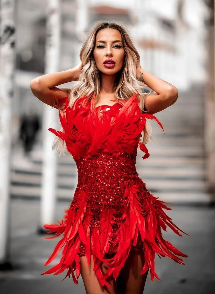 Red Paillette Feather Tube Top Hip Skirt Aclosy