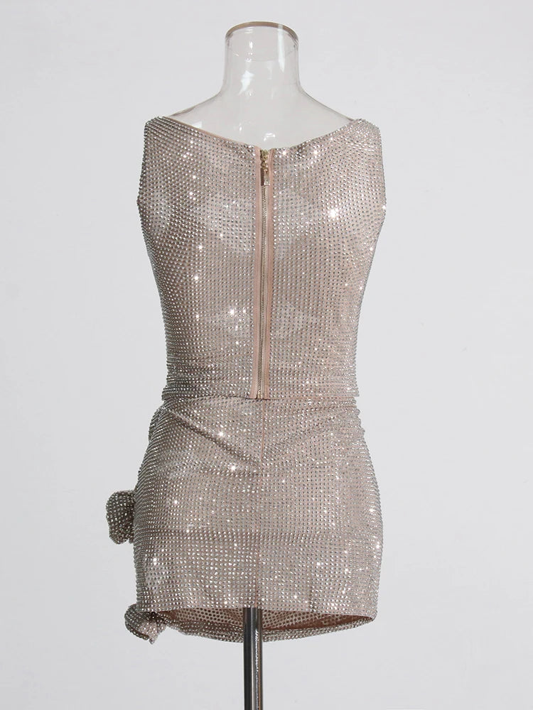 Flower Decoration Elegant Rhinestone Dress Aclosy