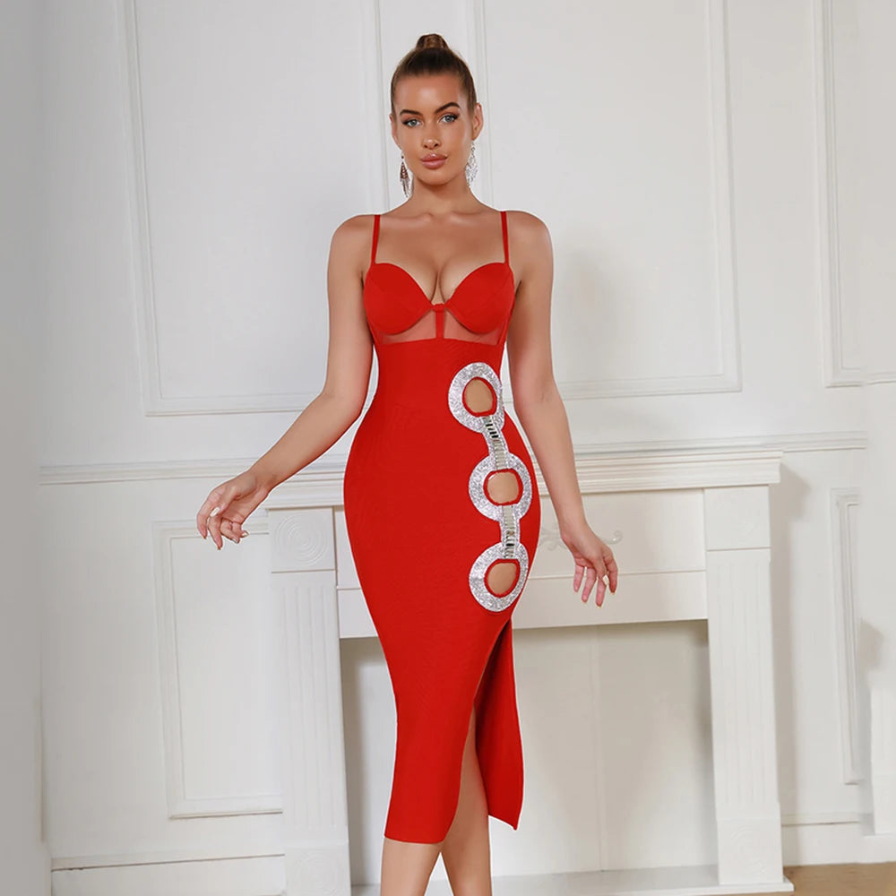 Hollow Jeweled Side Slit Sling Bandage Knitted Dress aclosy