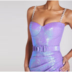 Women's Tight Artificial Fur Belt Purple Sequin Slip Dress Aclosy