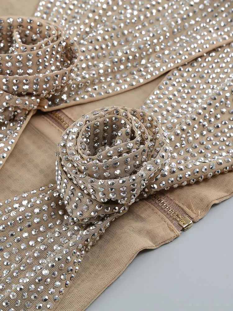 Flower Decoration Elegant Rhinestone Dress Aclosy