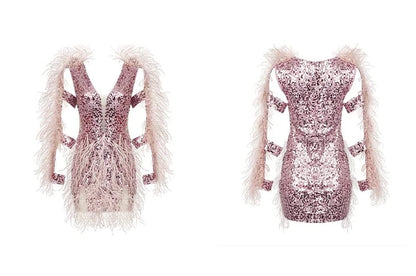 Autumn Slimming Long Sleeves Sequined Low-cut Tight-fitting High-end Feather Dress Aclosy