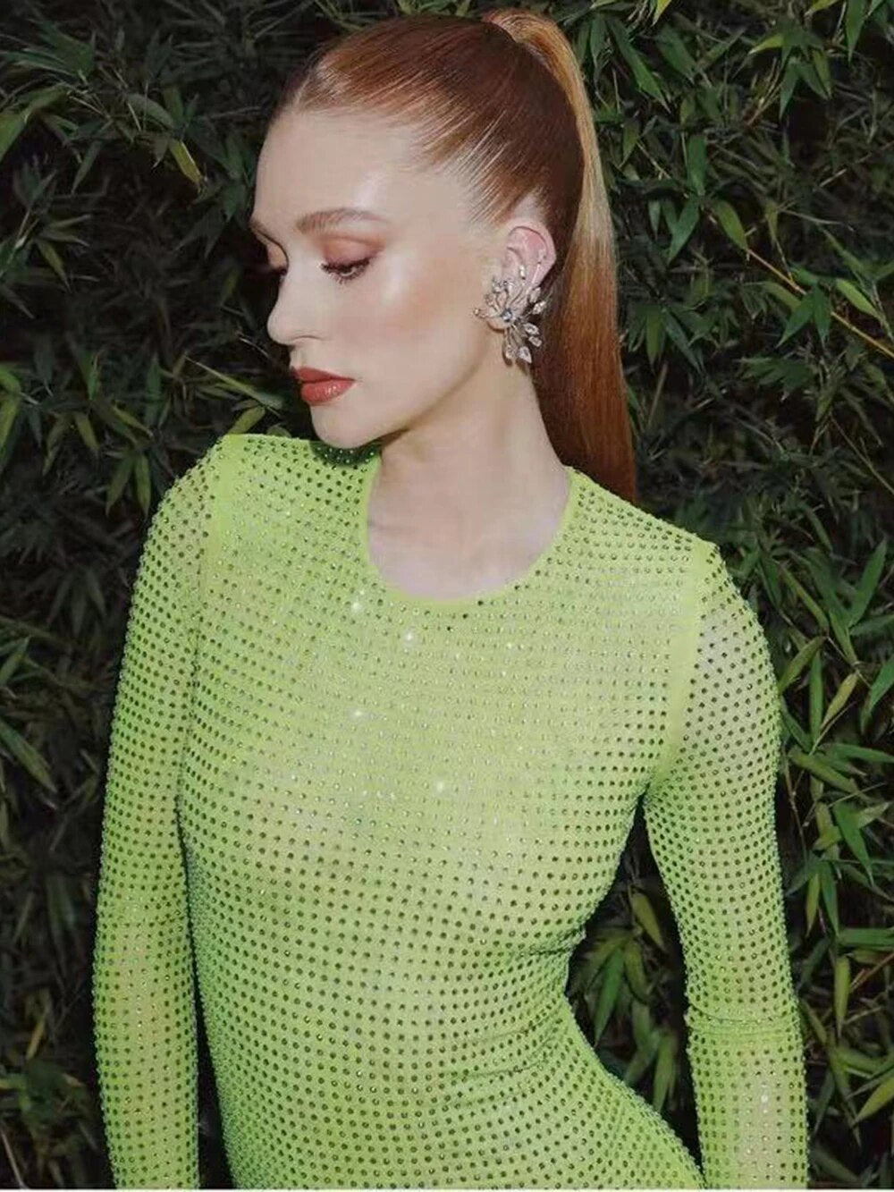 Long Sleeve Heavy Industry Sparkling Full Rhinestone Sheath Tight Elegant Dress Aclosy