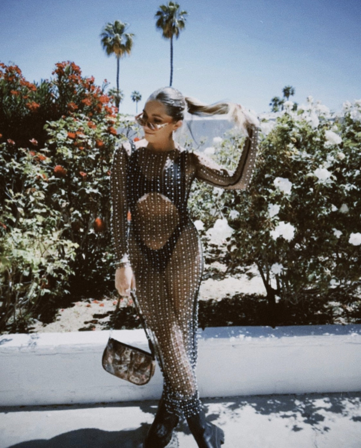 See-through Bright Diamond Bubble Bead Beach Dress Mesh Long Sleeve aclosy