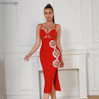 Hollow Jeweled Side Slit Sling Bandage Knitted Dress aclosy