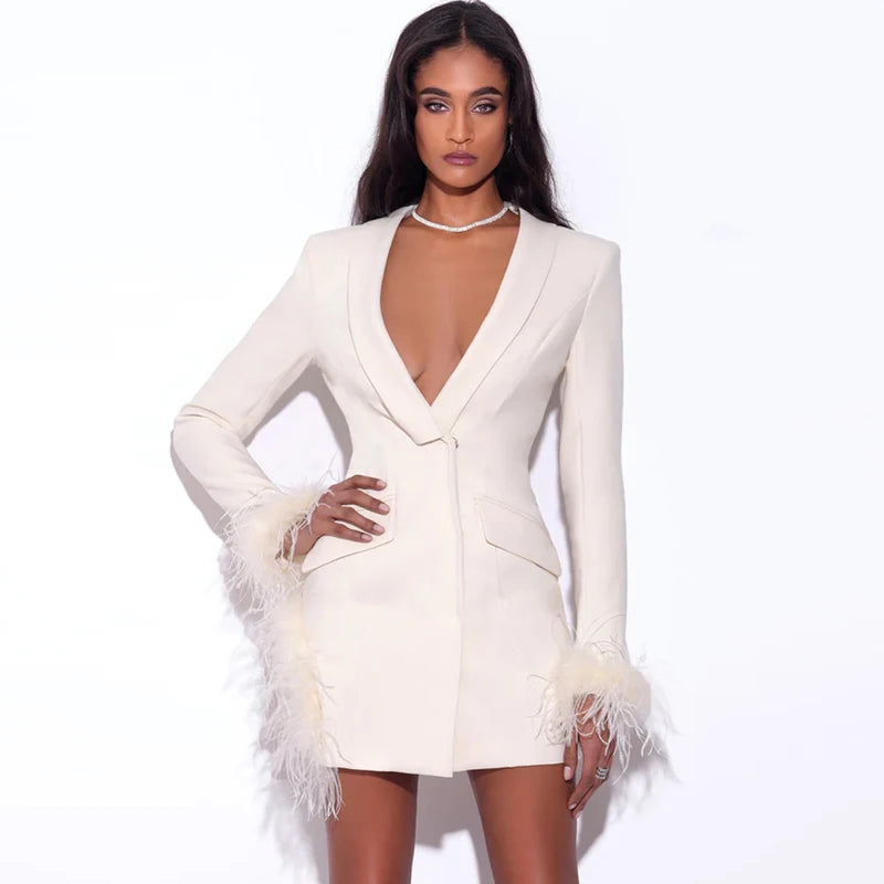 Fashion Ostrich Feather Long Sleeve Bandage One-piece Dress aclosy