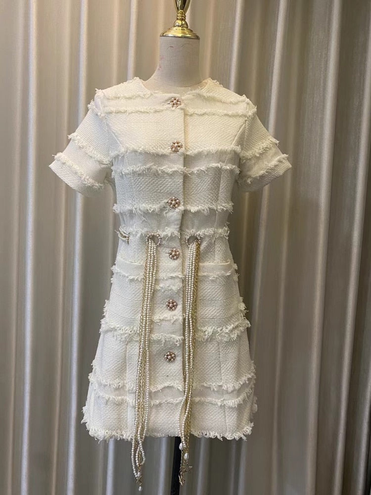 Short-sleeved Dress With Braided Pearl Chain Aclosy
