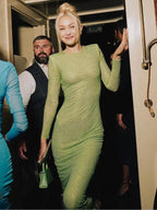 Long Sleeve Heavy Industry Sparkling Full Rhinestone Sheath Tight Elegant Dress Aclosy