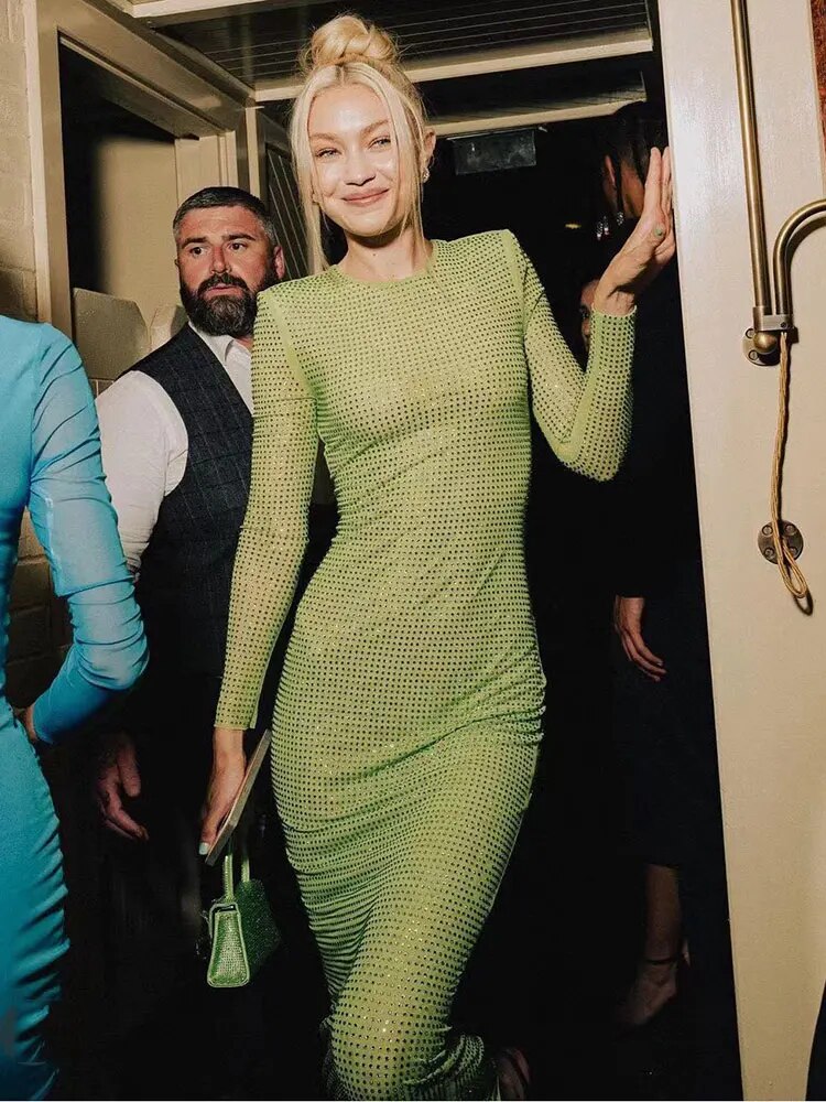 Long Sleeve Heavy Industry Sparkling Full Rhinestone Sheath Tight Elegant Dress Aclosy