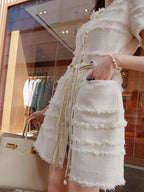 Short-sleeved Dress With Braided Pearl Chain Aclosy