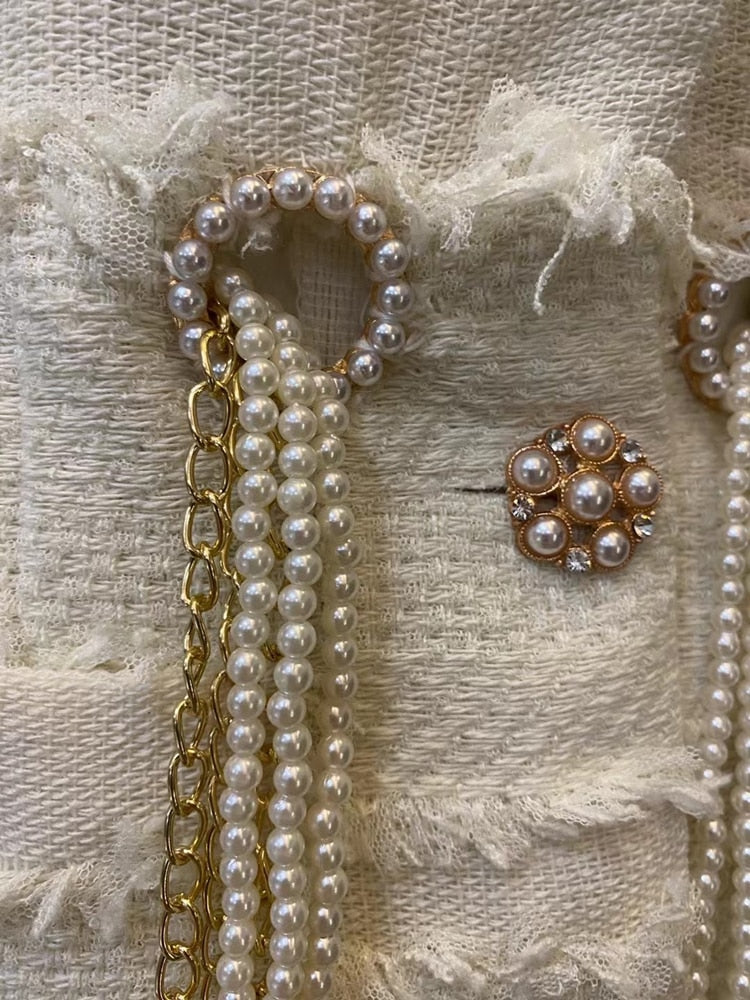 Short-sleeved Dress With Braided Pearl Chain Aclosy