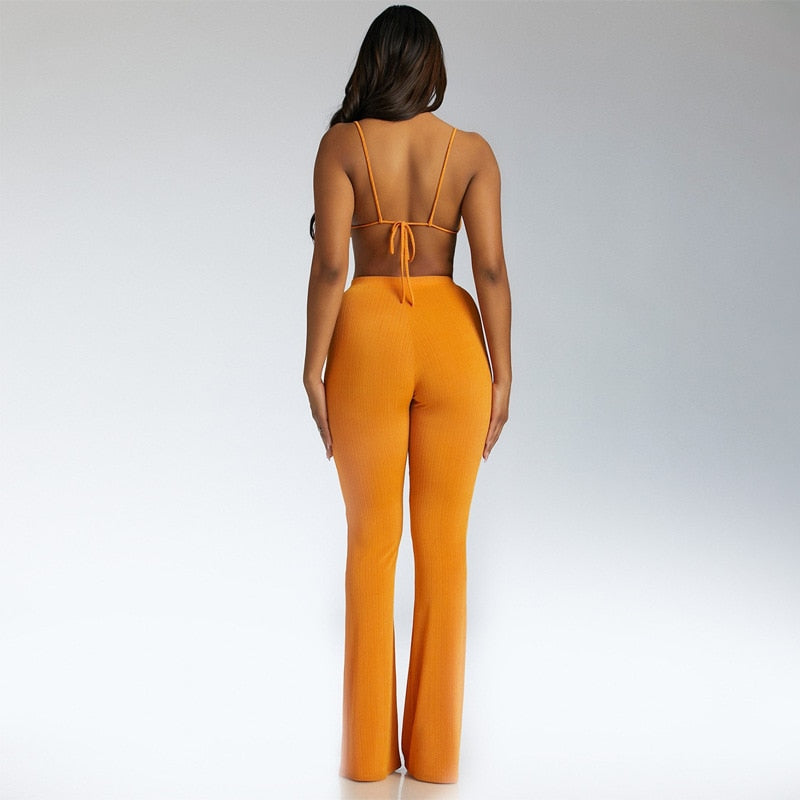 Women's Tie Wrap Flared Pants Solid Color Set Aclosy
