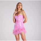 Women's Tight Artificial Fur Belt Purple Sequin Slip Dress Aclosy