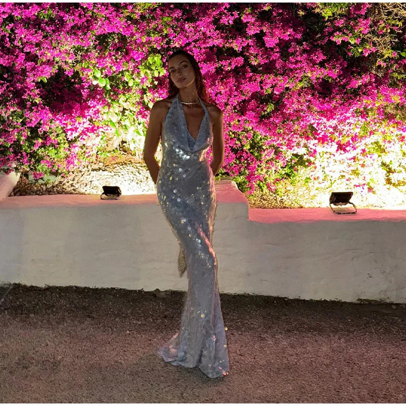 RENA BACKLESS FISH SKIN MAXI DRESS