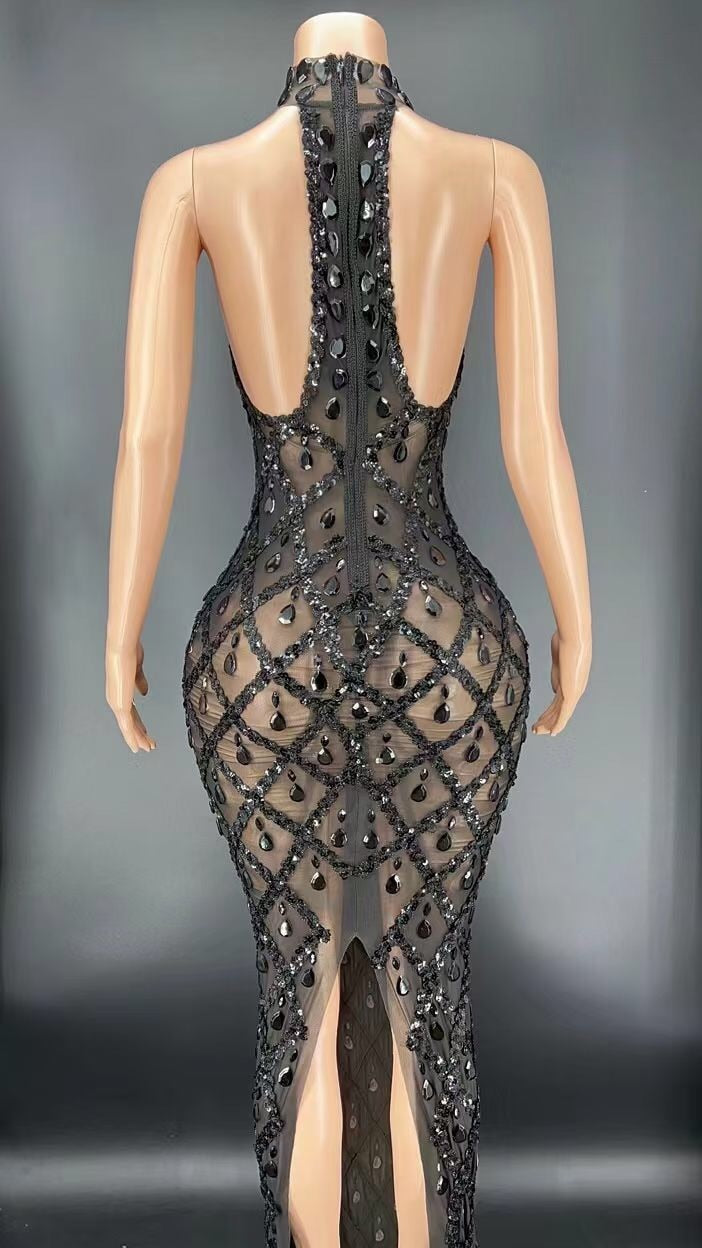 Shiny Rhinestone Silver Dress Plus Size Women's Evening Party Gown Aclosy