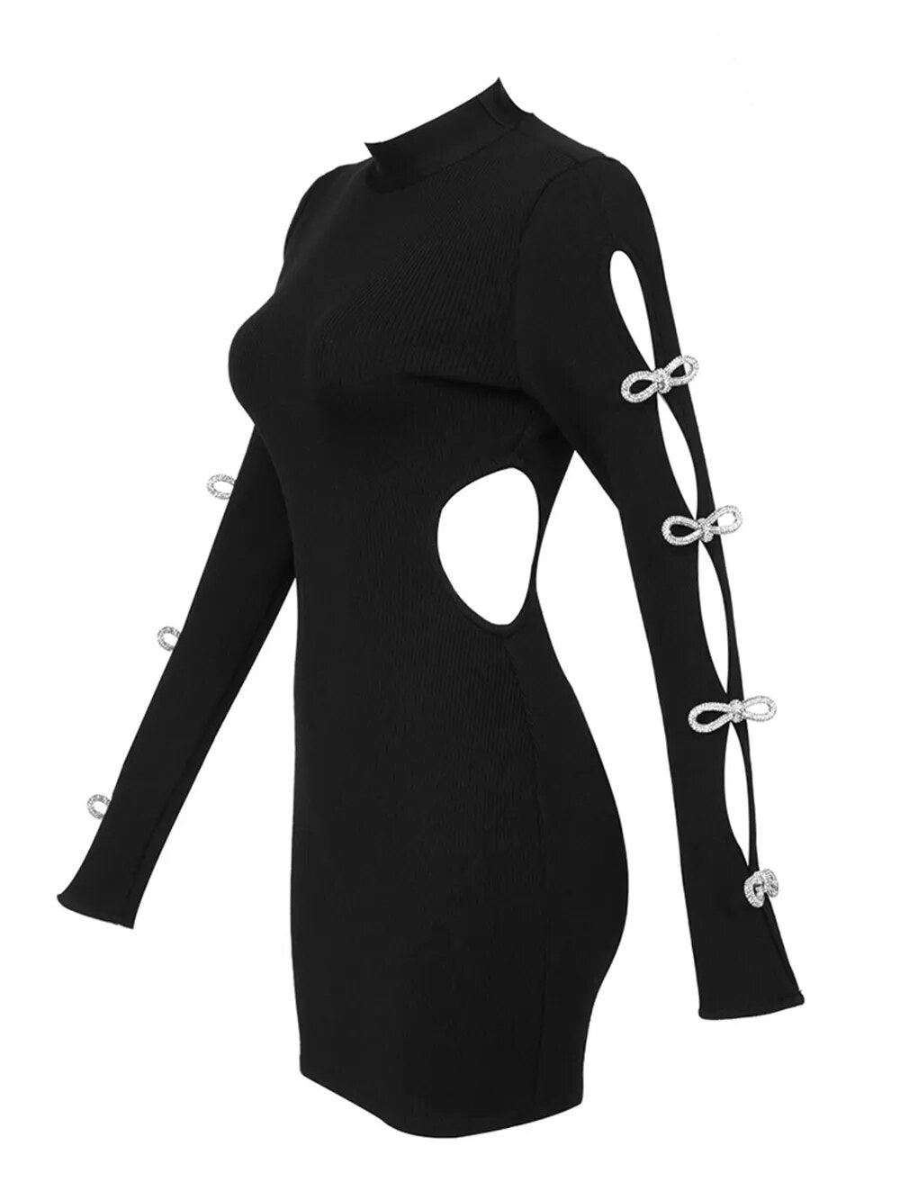 Women's Fashion Hollowed-out Long Sleeve Bowknot Slim Dress Aclosy