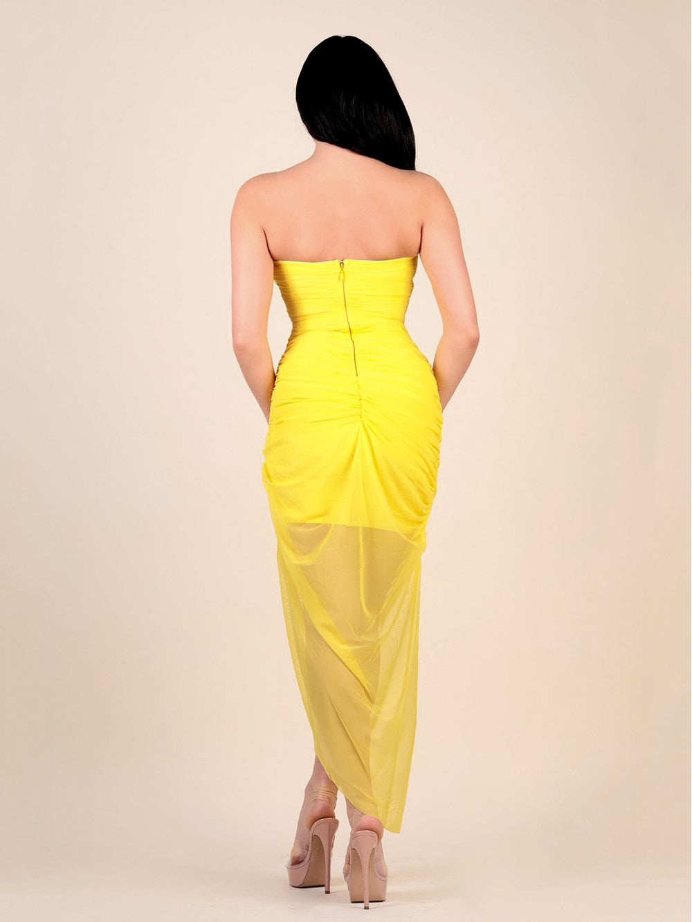 Women's Mesh Pleated One-shoulder Tube Top Dress Side Slit Slim Mid-length Aclosy