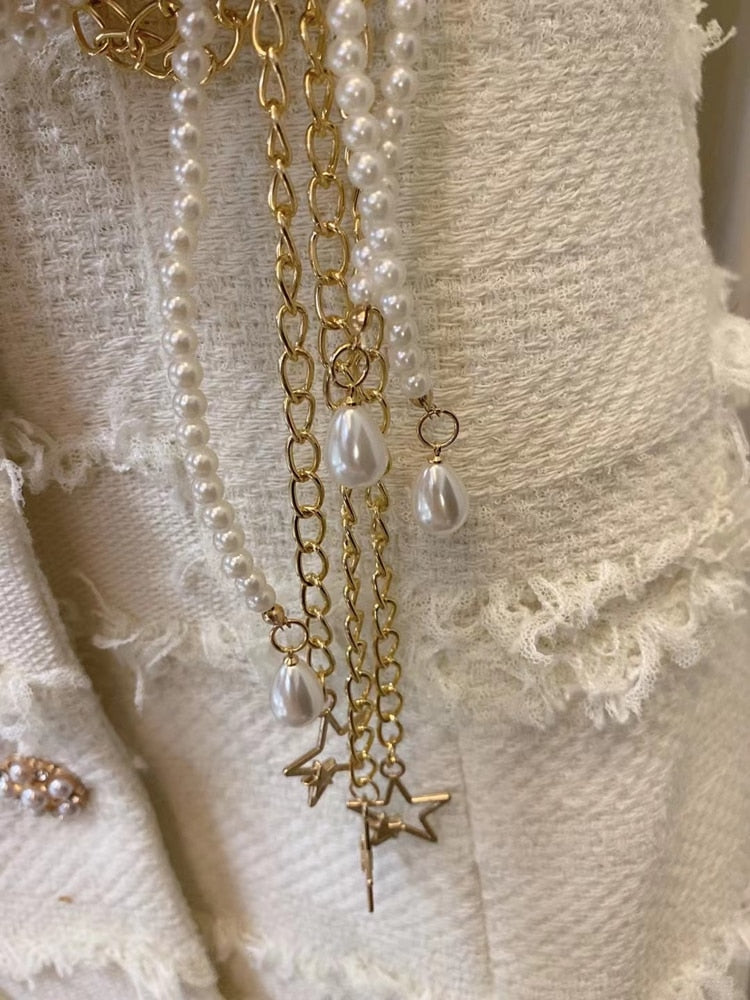 Short-sleeved Dress With Braided Pearl Chain Aclosy