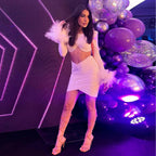 Women's Open-back Feather Long-sleeved Dress Aclosy