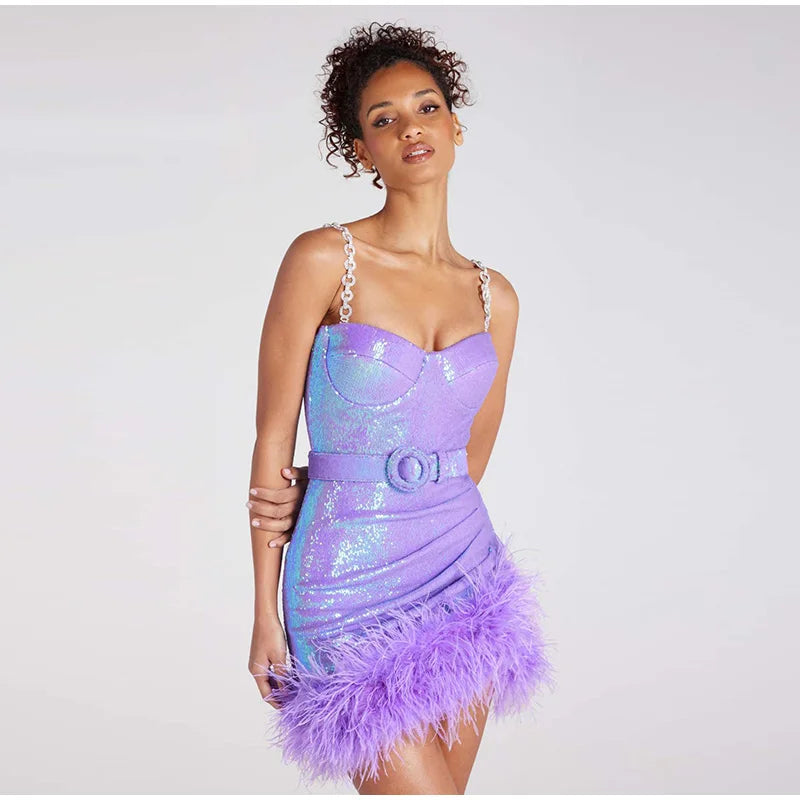 Gorgeous Fur Belt Sequin Slip Dress Aclosy Gorgeous Fur Belt Sequin Slip Dress Aclosy
