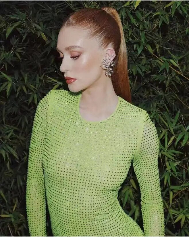 Long Sleeve Heavy Industry Sparkling Full Rhinestone Sheath Tight Elegant Dress Aclosy