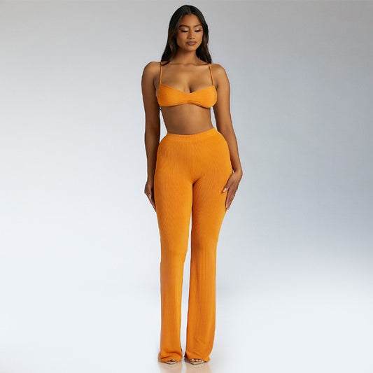 Women's Tie Wrap Flared Pants Solid Color Set Aclosy